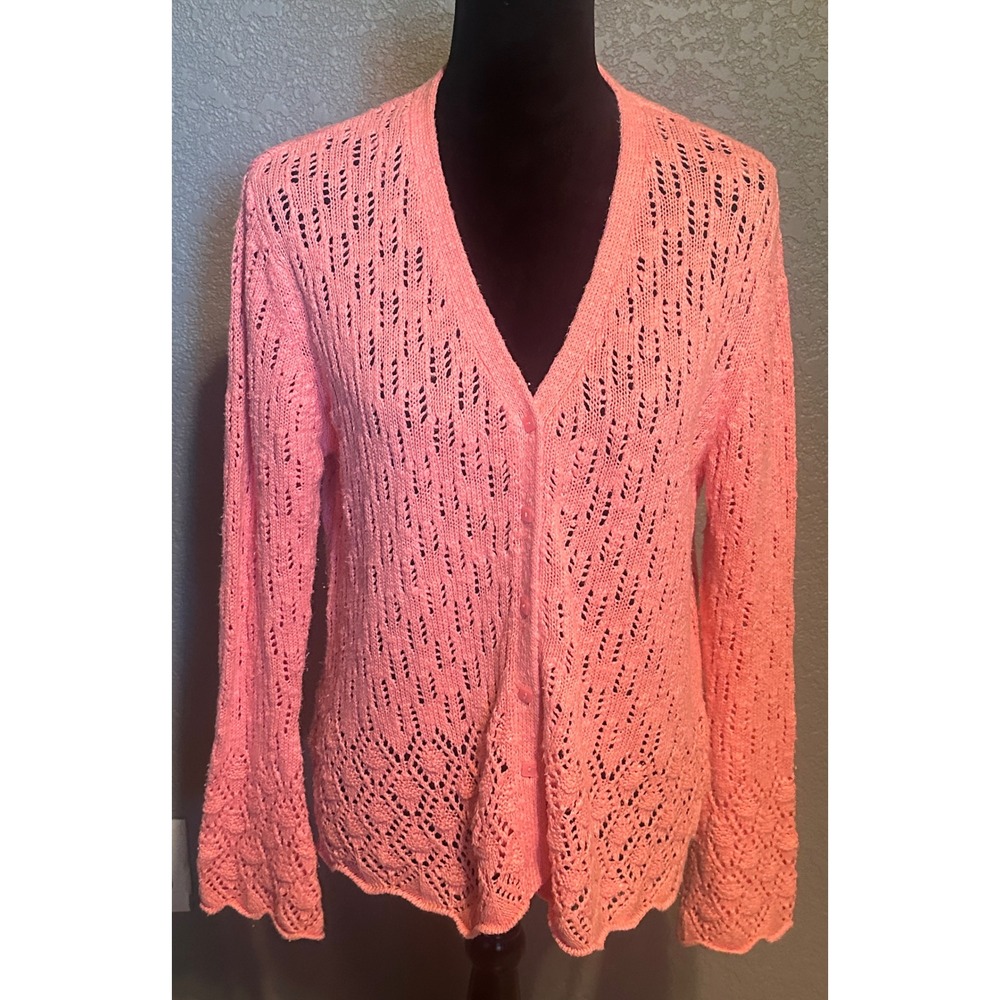 NorthCrest Women Coral Pink Pointelle Open Knit Cardigan Sweater Scalloped Hem L
